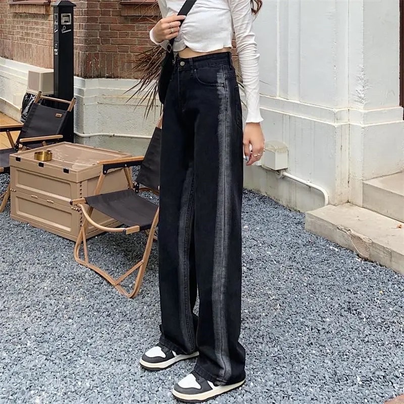 Quần Jeans Nữ Màu Đen Phối Light Sọc Cạp Cap Ống Suông Cá Tính Chất Jean Dày Dặn Loại 1 Dễ Mix Đồ Mặc Hàng Ngày