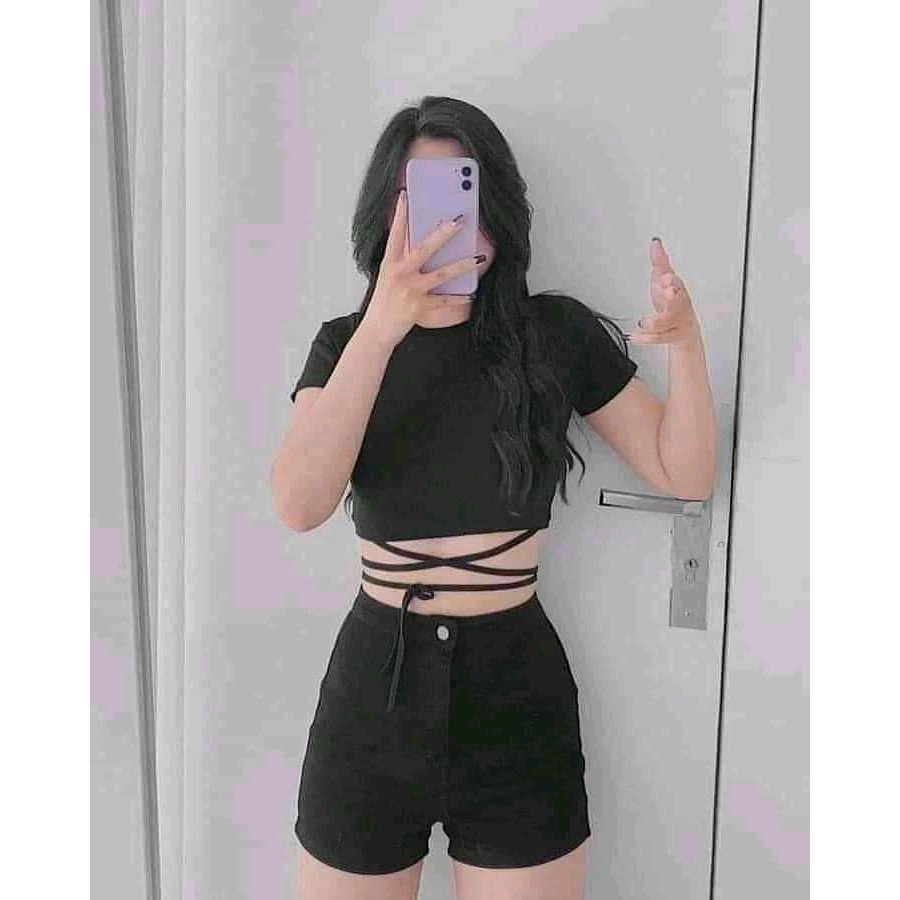 [Mã FAMARAL2 giảm 10K đơn 50K] Áo croptop nữ kiểu ôm tay ngắn cổ tròn thun body buộc dây bigsize CAMA STORE M278