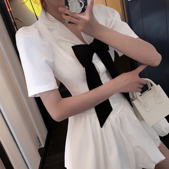 váy đầm đầm ulzzang đầm dự tiệc váy bé gái thời trang nữ đầm nữ đầm ulzzang thời trang nữ váy bé gái Đầm ôm Ngắn Tay Cổ Bẻ Eo Thắt Dây Thời Trang