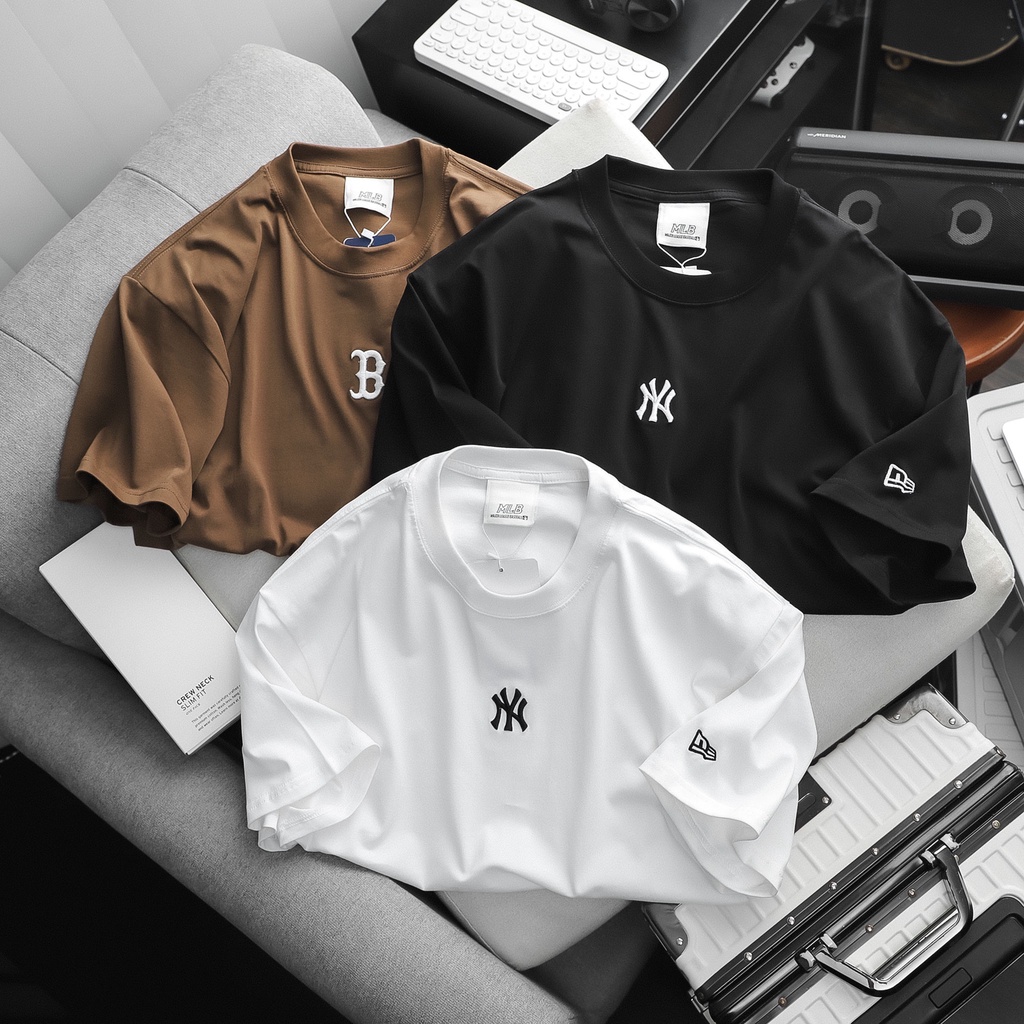 Áo phông nam nữ MLB N.Y x NEW ERA form rộng tay lỡ unisex, chất vải cotton mềm mịn co giãn, logo thêu sắc nét