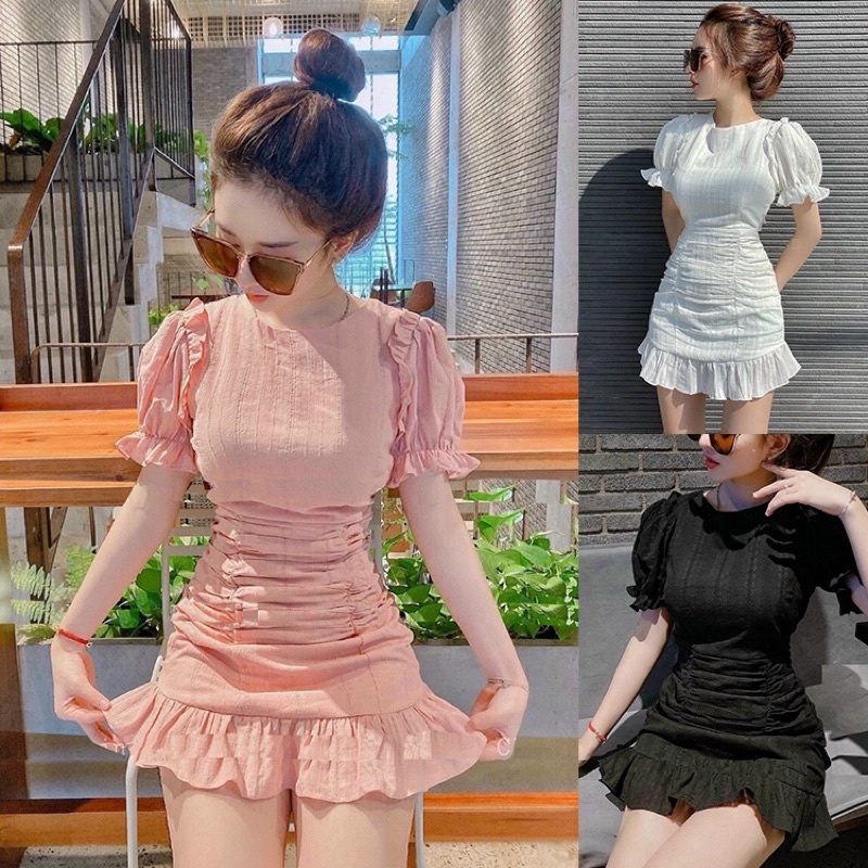 Đầm ôm body ngắn tay hở lưng nhún xoè đuôi cá