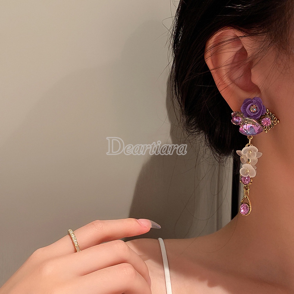 Bông Tai Hình Hoa Tím Đính Đá Pha Lê Phong Cách Retro Dễ Phối Đồ Thời Trang Cho Nữ
