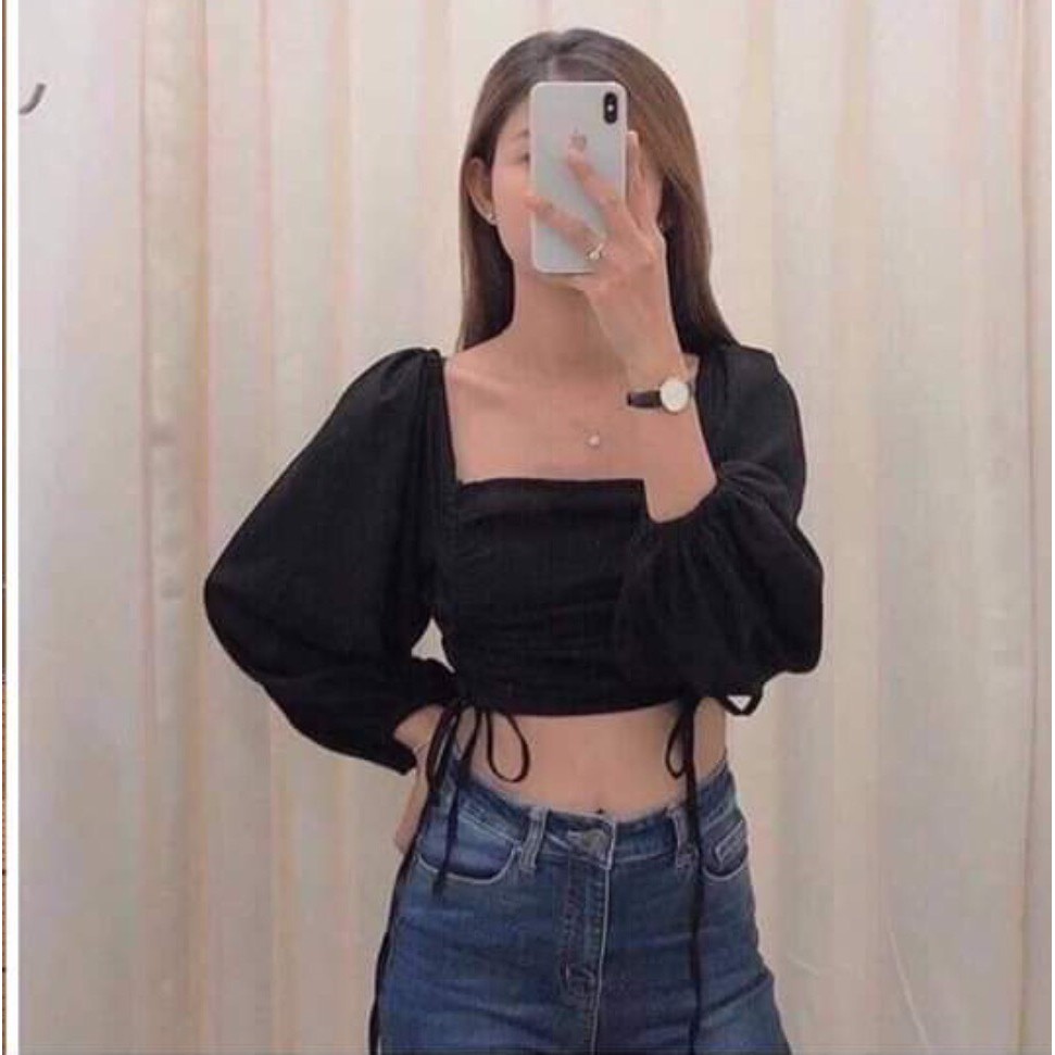 ÁO CROPTOP TAY DÀI CỘT DÂY 2 BÊN NHIỀU MÀU - CROPTOP RÚT DÂY TAY PHỒNG HỒNG VÀNG XANH ĐEN TRẮNG - CROPTOP TRỄ VAI CỔ VUÔ