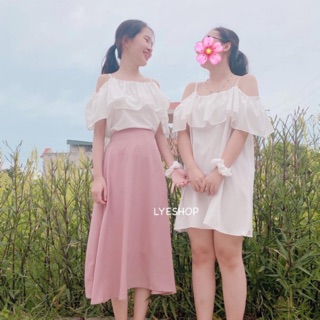 Set áo váy trễ vai kèm scrunchies Ms2631