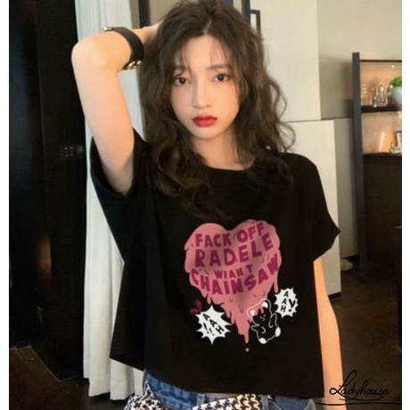 Áo Thun Nữ Ngắn Tay Cổ Tròn In Chữ Và Gấu Màu Trắng/Đen Thời Trang Mùa Hè