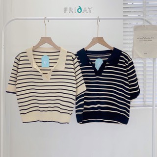 Áo len mongtoghi cổ polo cộc tay kẻ ngang mùa thu phong cách Hàn Quốc Friday