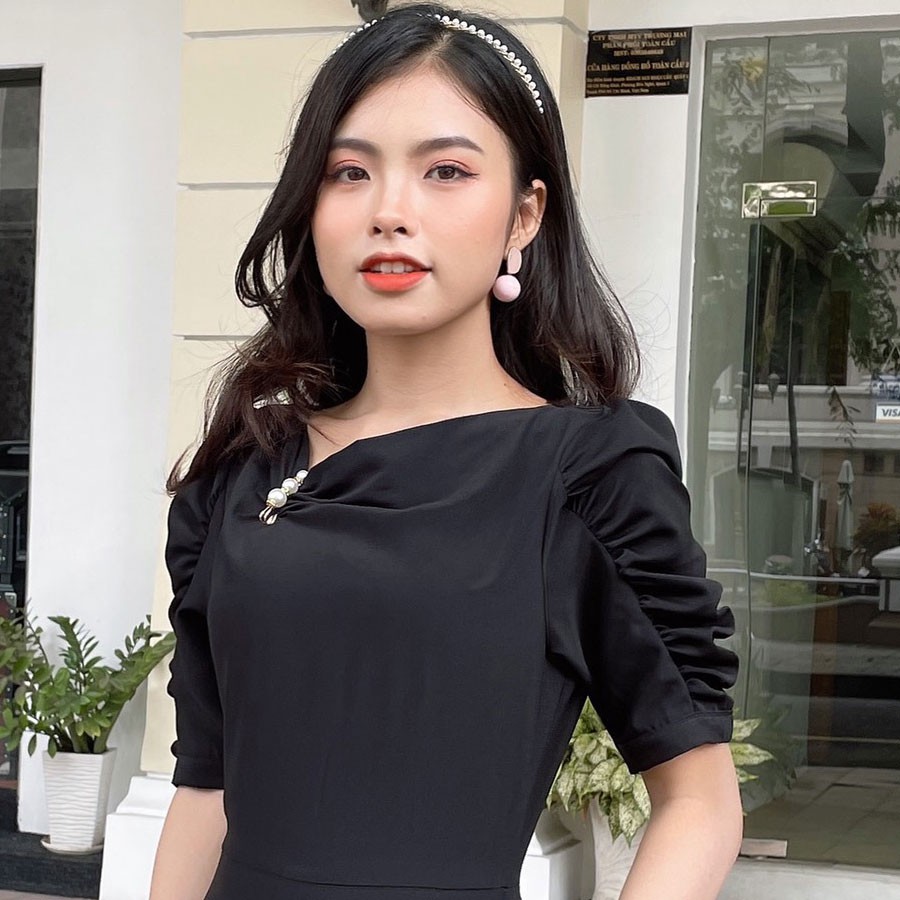 Đầm suôn cổ đỗ phối ngọc trai sang trọng-DAM20