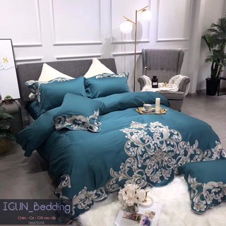 set HỌA TIẾT QUÝ TỘC xanh bộ Chăn Ga Gối cưới  Lụa thêu cao  cấp