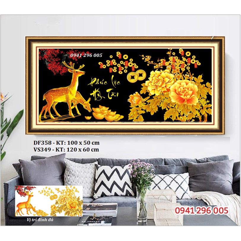 Tranh đính đá Phúc Lộc Thọ Hỷ Tài KT: 100x50cm - tran chưa đính đá