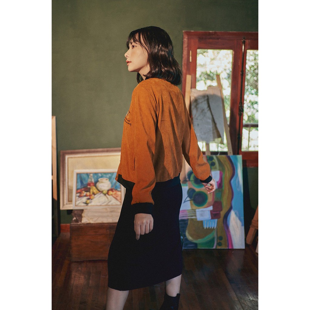 Áo khoác bomber da lộn nâu thêu girls 1BO1001 ADORE DRESS