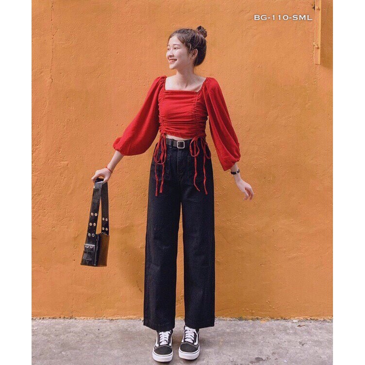 Áo Voan Cổ Vuông Tay Dài Rút Giữa Hai Bên Fashion TTSA0548