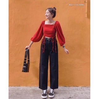 Áo Voan Cổ Vuông Tay Dài Rút Giữa Hai Bên Fashion TTSA0548