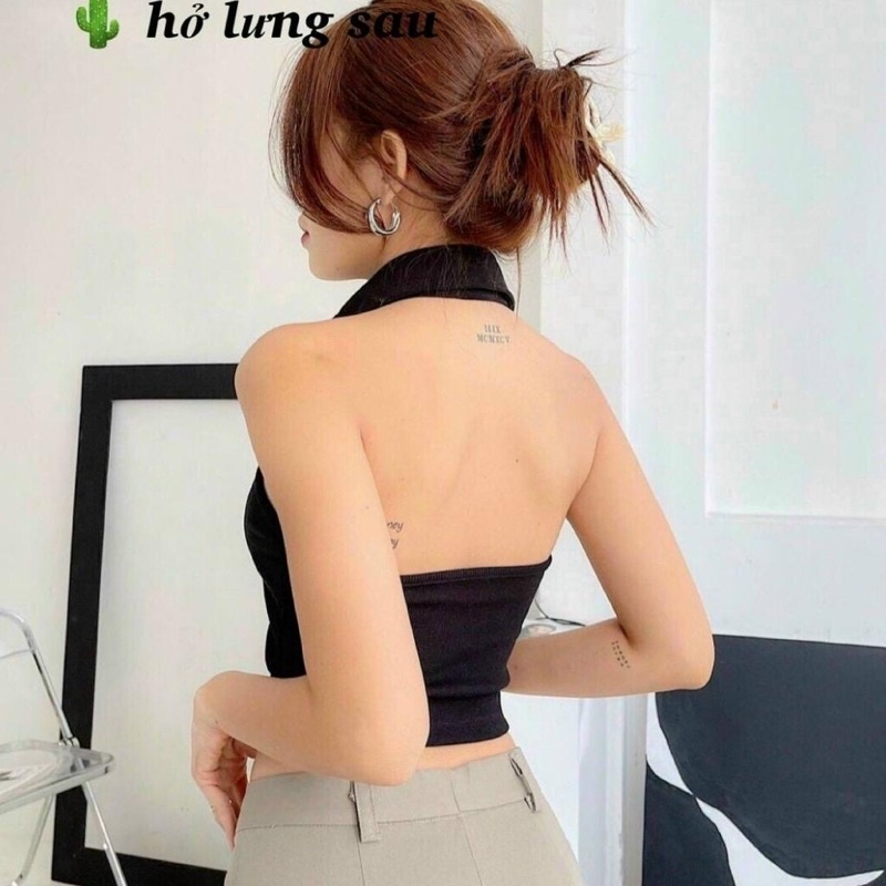 Áo croptop cổ polo cài cúc đen trắng sát nách hở lưng sexy freesize hàn quốc | BigBuy360 - bigbuy360.vn