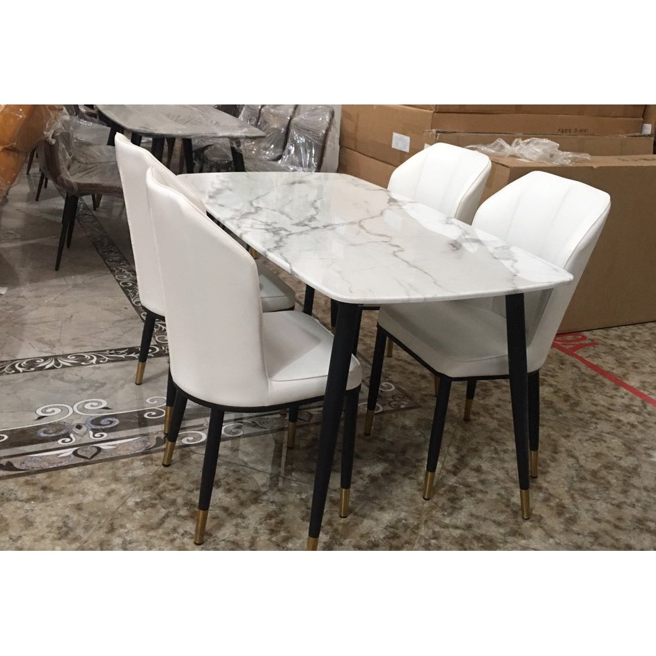 Bộ bàn ăn mặt đá Cẩm thạch + 4 ghế da