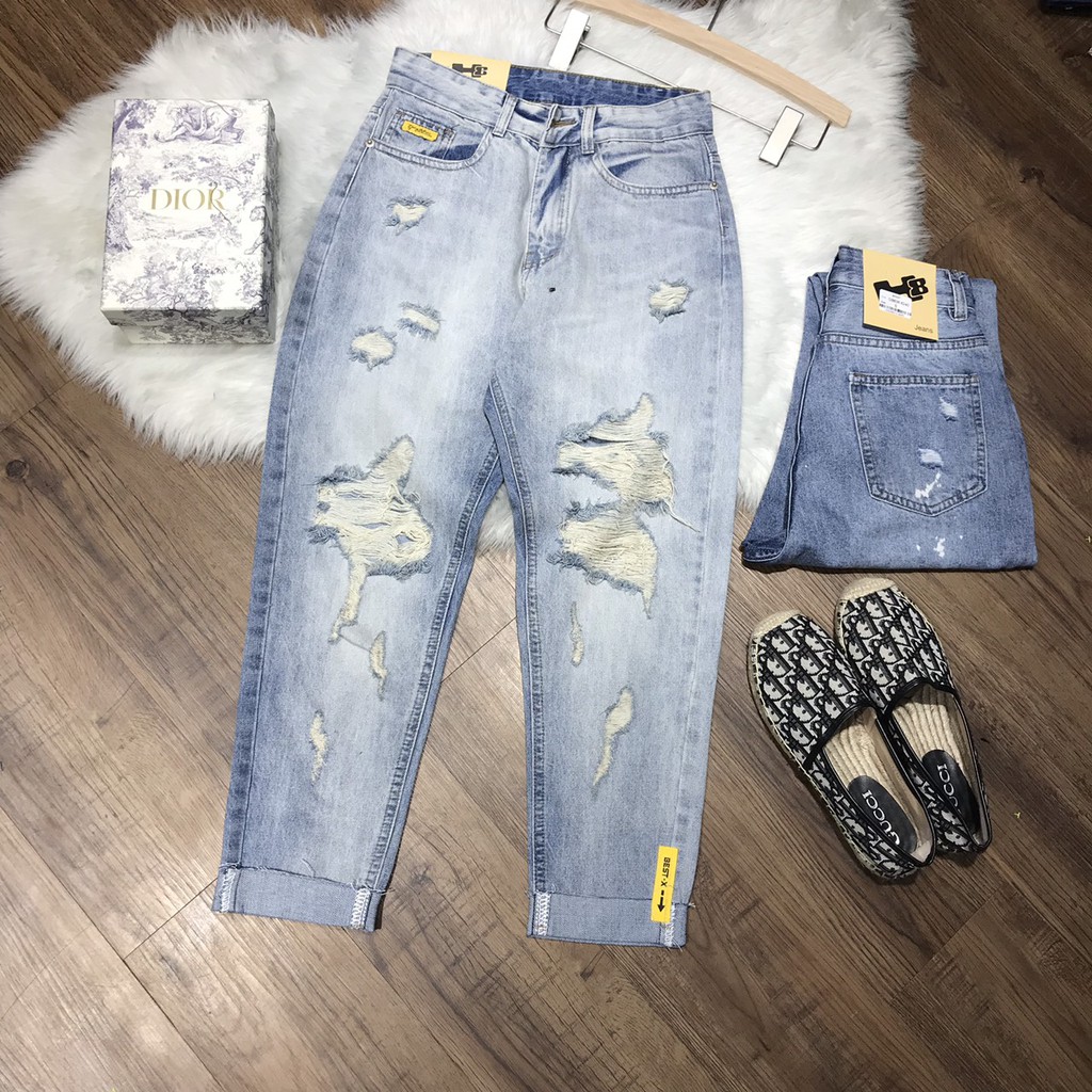 Quần jean COBA form Baggy 6099 màu sáng bạc mix tem vàng rách to thời trang cực đẹp