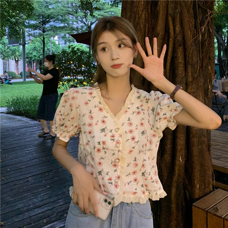 SUXI Áo Kiểu Tay Phồng Ngắn Cổ Chữ V Dáng Ôm In Họa Tiết Hoa Phong Cách Cổ Điển Thời Trang Mùa Hè Cho Nữ