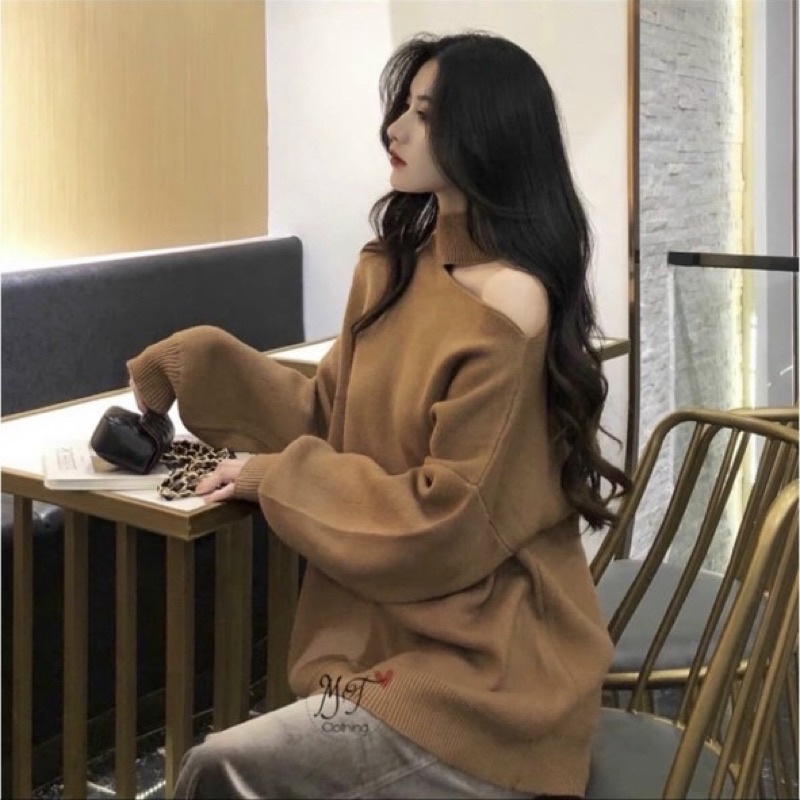 Áo Len Lệch Vai Chùm Mông, Len Mịn Quảng Châu tay bồmb sang chảnh