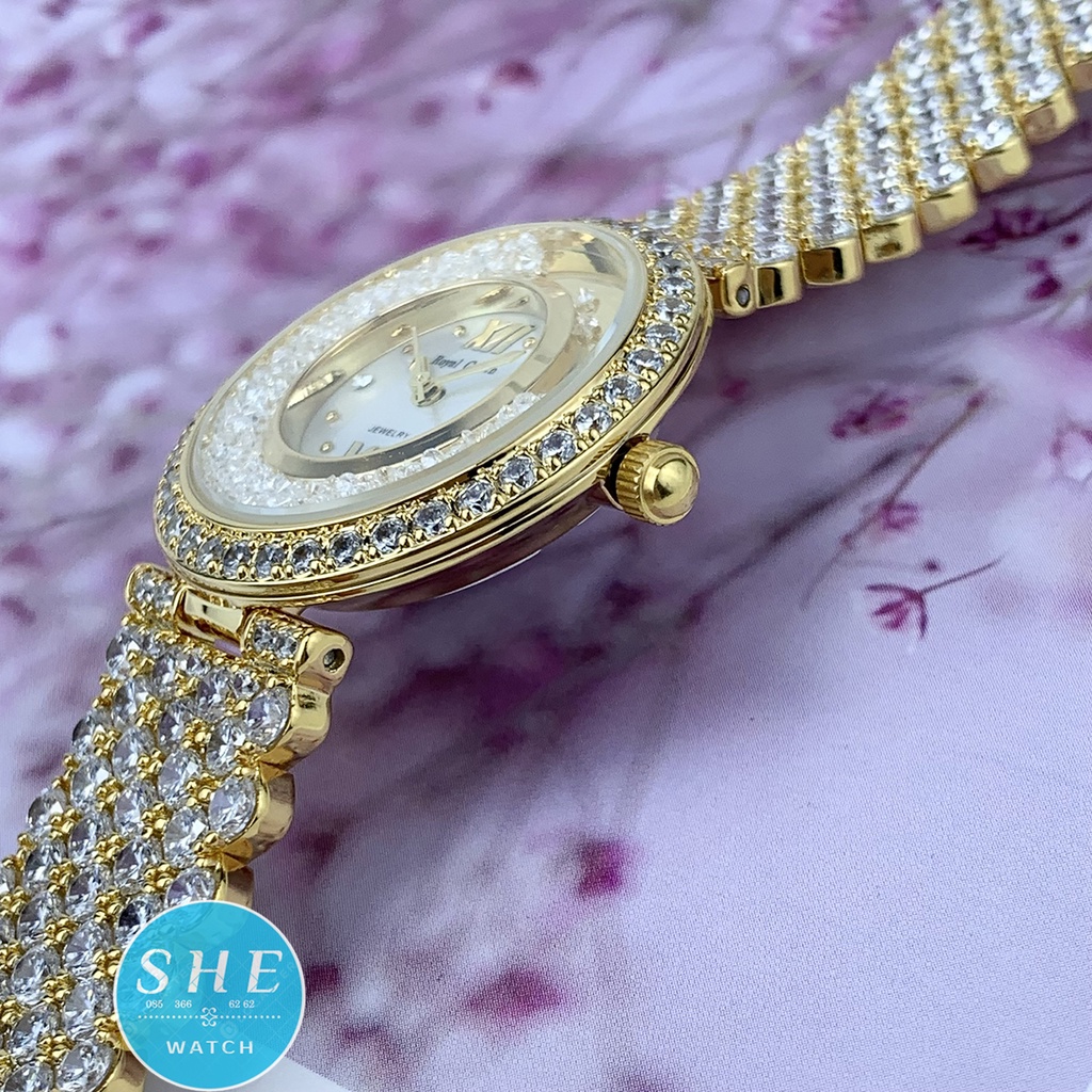 [BẢO HÀNH 24 THÁNG-FULL BOX] Đồng hồ nữ ROYAL CROWN Đồng hồ pin viền vàng dây lớn đính FULL đá size 32mm SANG TRỌNG QUÝ | BigBuy360 - bigbuy360.vn