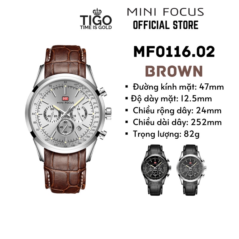 Đồng hồ nam MINI FOCUS MF0116G.02 dây da thật màu nâu viền thép không gỉ màu bạc 3 kim hàng chính hãng cao cấp Nhật Bản