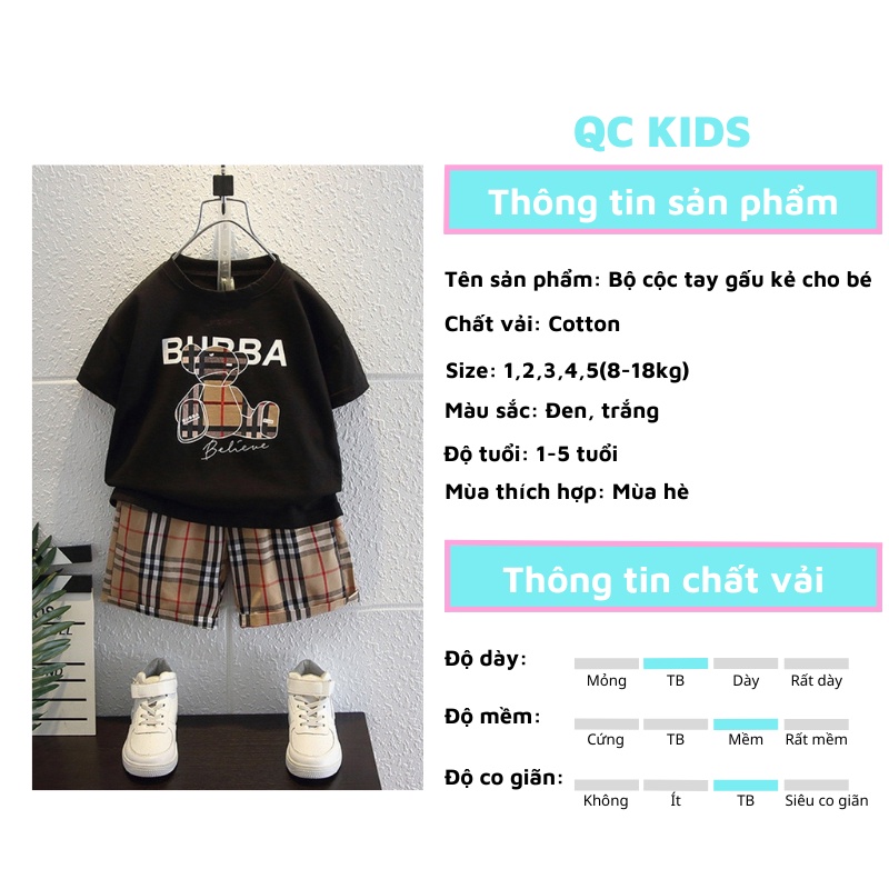 Quần áo trẻ em mùa hè hàn quốc QC-KIDS, bộ cộc tay bé trai bé gái chất cotton 4 chiều gấu kẻ caro 8-18kg