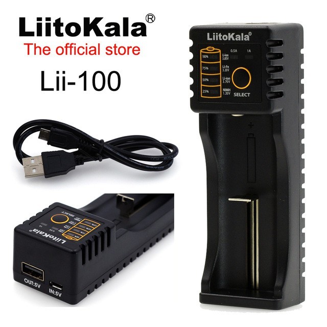 Sạc pin đa năng Liitokala lii-100 một khe pin cho pin 18650, AA, AAA, 26650...