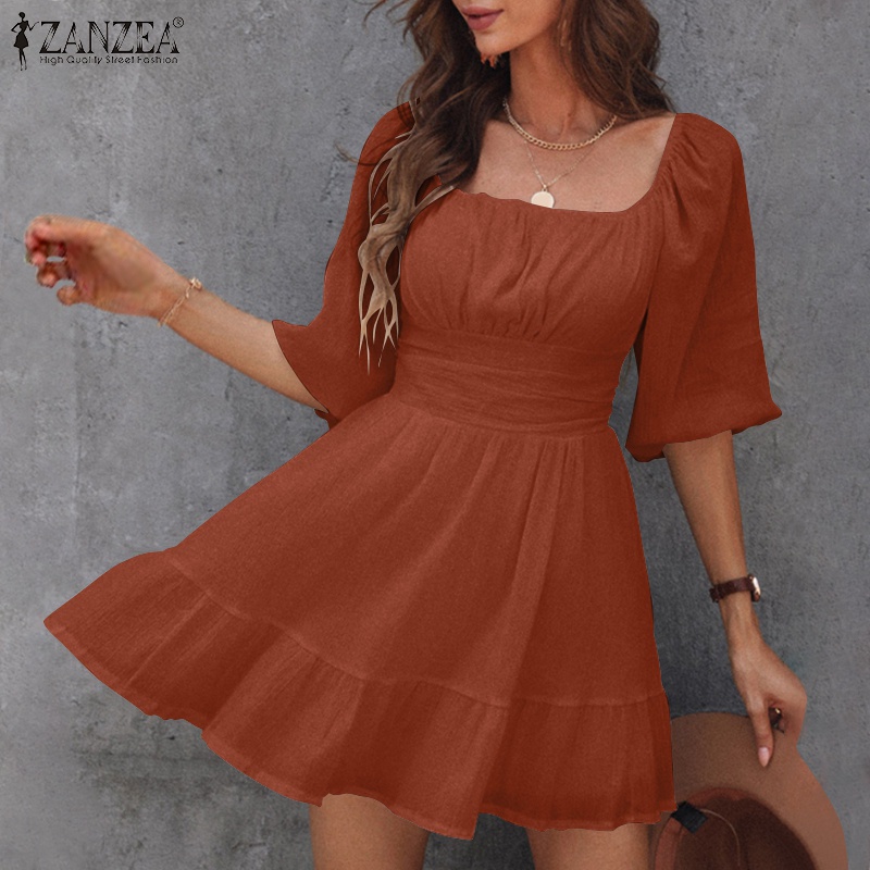 Đầm mini ZANZEA cổ vuông tay phồng 3/4 phong cách cổ điển thời trang dành cho bạn nữ