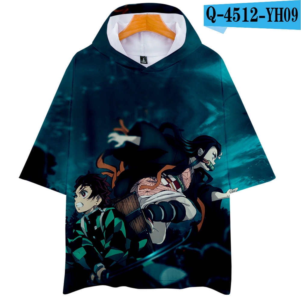 Áo tay ngắn in họa tiết anime có nón trùm đầu thời trang cho nam và nữ Anime Demon Slayer Kimetsu no Yaiba