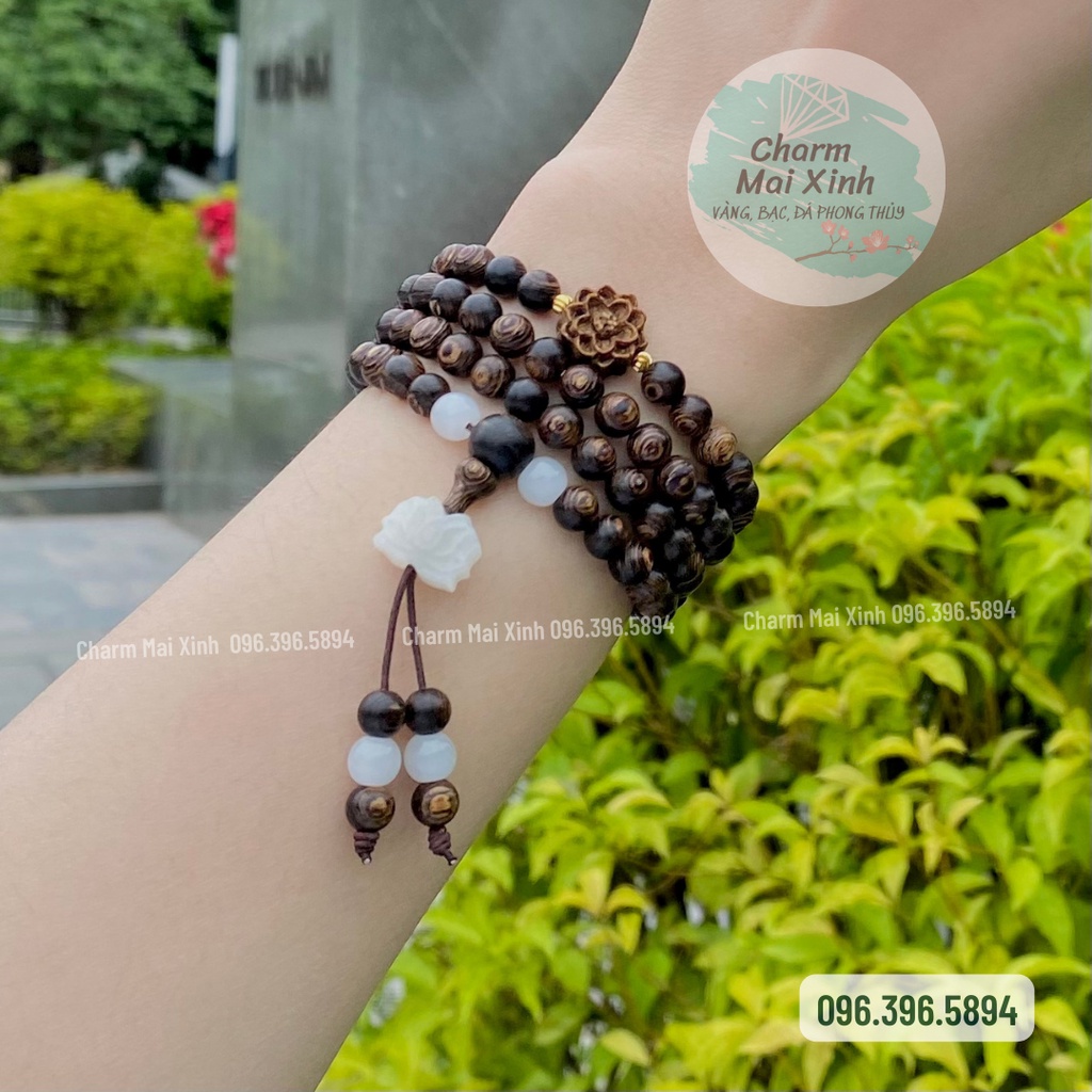 Chuỗi Trầm Hương Tốc &amp; Sánh Chìm 108 hạt phối Hoa Sen và Búp Sen Bạch Ngoc - Vòng Tay Gỗ tự nhiên Nam Nữ phong thuỷ