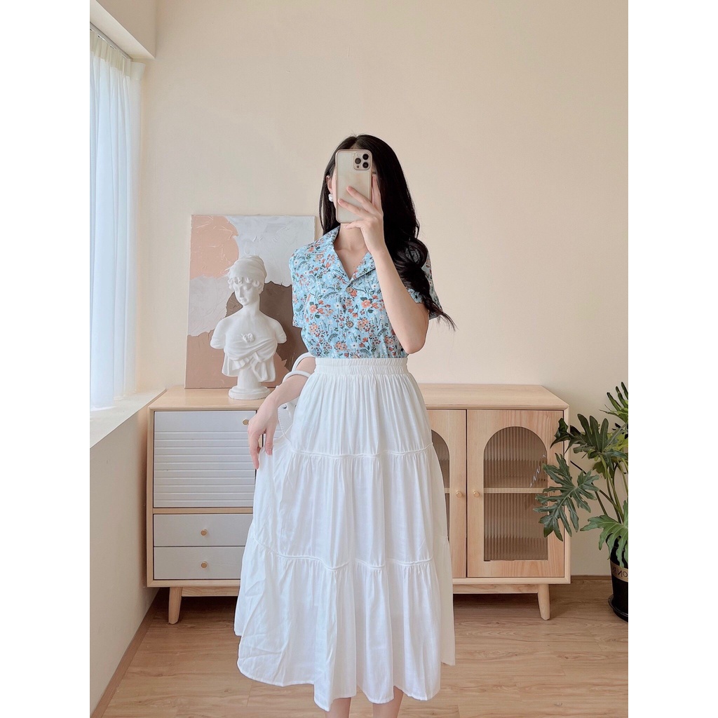 Chân váy cạp chun dài vải tằm xước co giãn mix áo phông áo sơ mi croptop siêu đẹp EvaLover