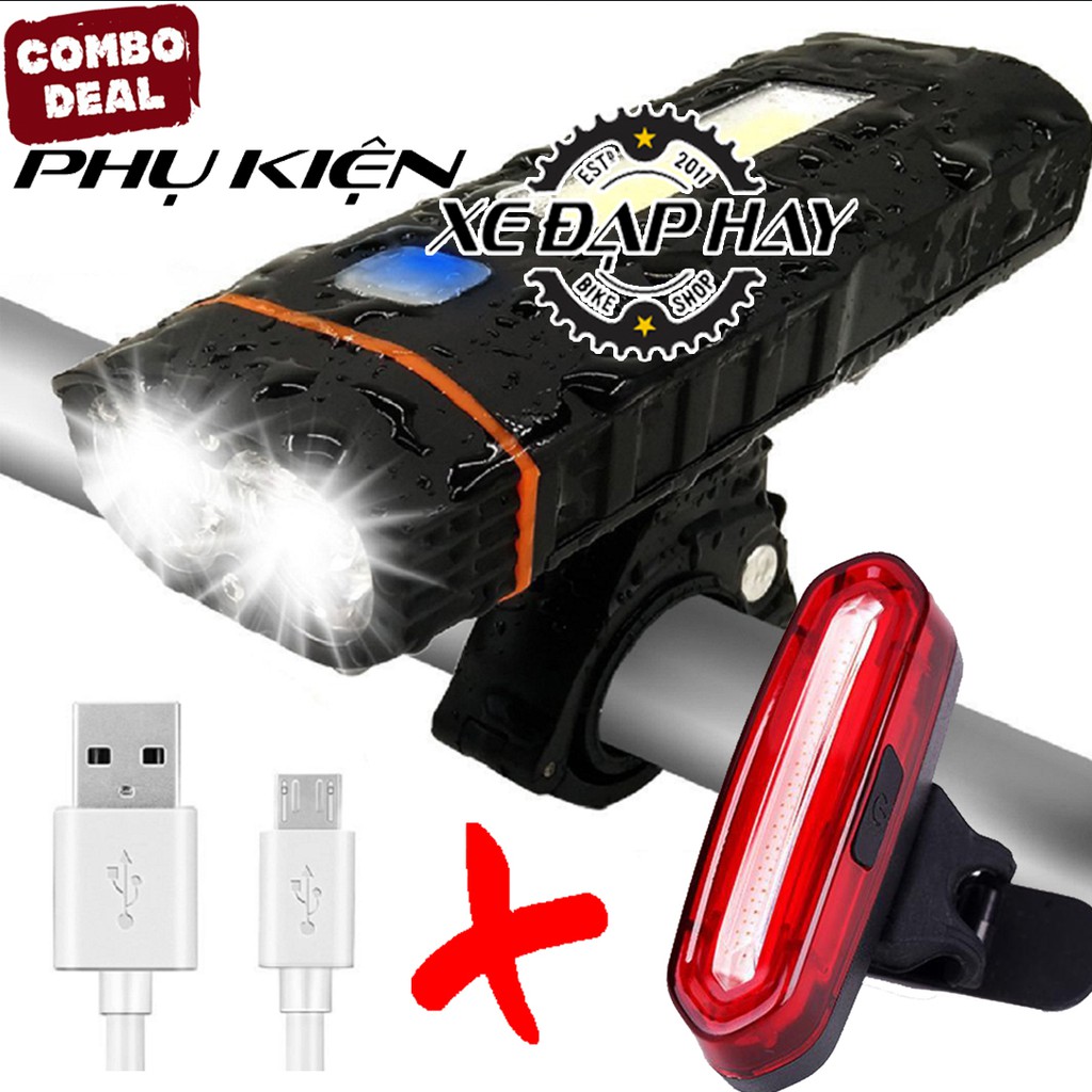 [COMBO Phụ Kiện Xe Đạp] Đèn LED Xe Đạp Siêu Sáng Kiêm Sạc Dự Phòng HJ048 Và Đèn Hậu AQY096 | Sạc Pin USB, Chống Nước Mưa