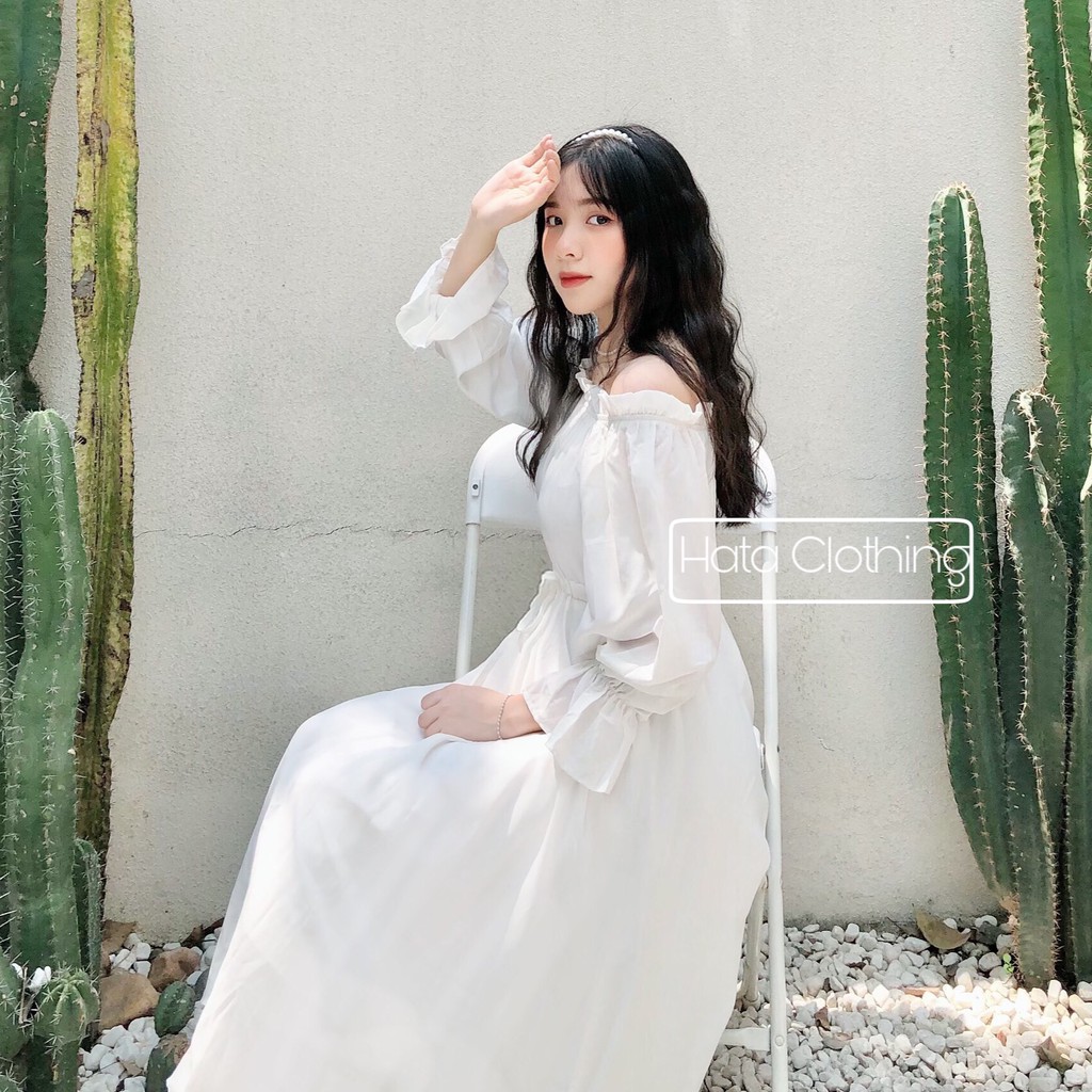 Đầm trắng bẹt vai tay dài xinh | BigBuy360 - bigbuy360.vn