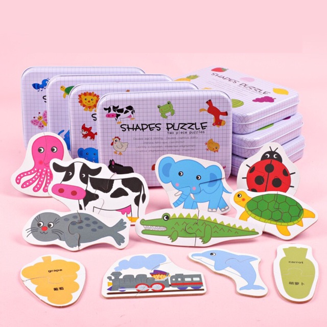 Bộ Ghép Hình Hộp Sắt 2 Mảnh Shapes Puzzle Thông Minh Cho Bé