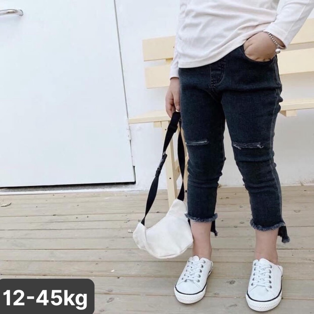 Combo 2 quần jeans dài bé gái, quần bò rách lai bé gái cá tính, chất jeans mềm co dãn form chuẩn đẹp cho bé 15kg - 45kg