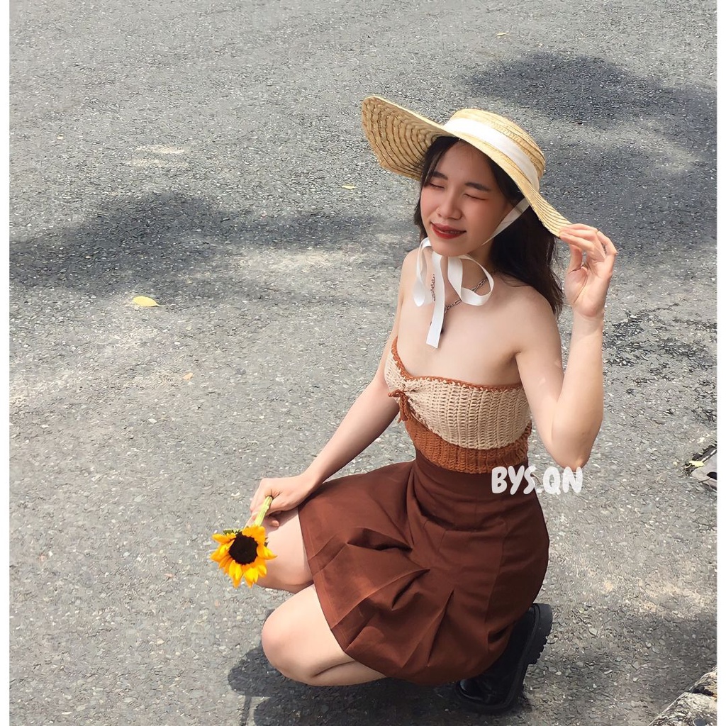 Áo len đan cột nơ phía trước phối hai màu kiểu dáng corset "pansy top"