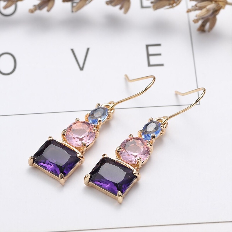 Khuyên tai Pinkdudu PD443 đính đá thạch anh tím xanh dương hồng mạ vàng thời trang cho nữ