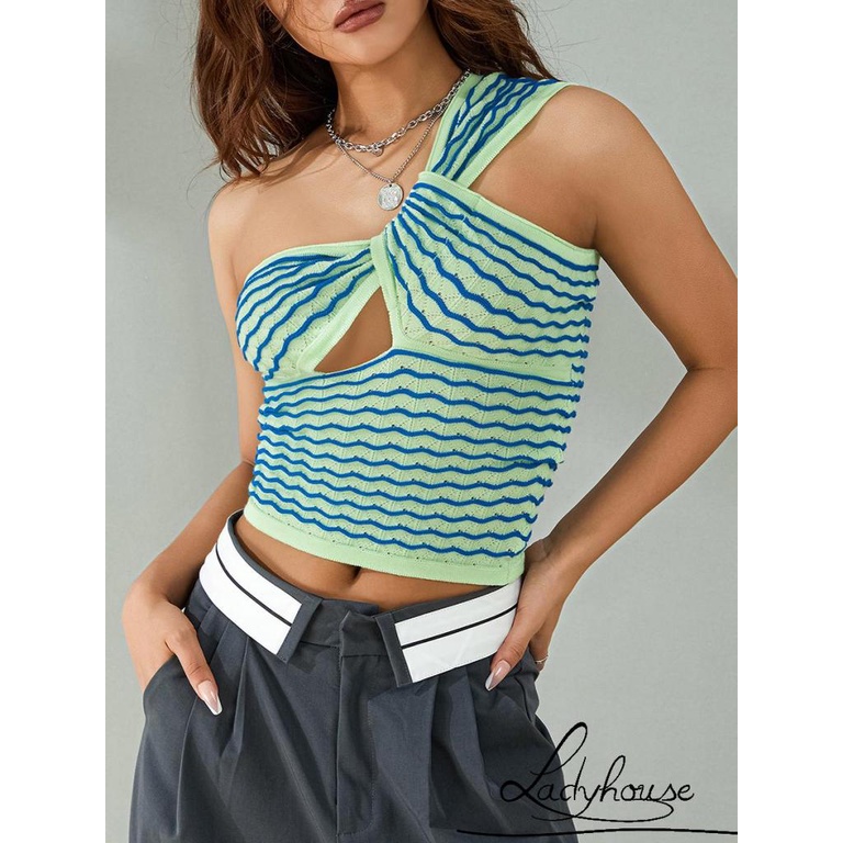 Áo Dệt Kim Không Tay Hở Vai Ôm Dáng Màu Sắc Tương Phản Dành Cho Nữ