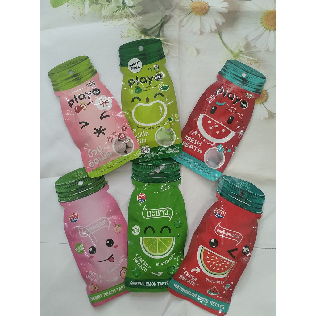 Kẹo play more Thái Lan 7-11 vị dưa hấu - Xí muội - Táo xanh - Chanh 12gram