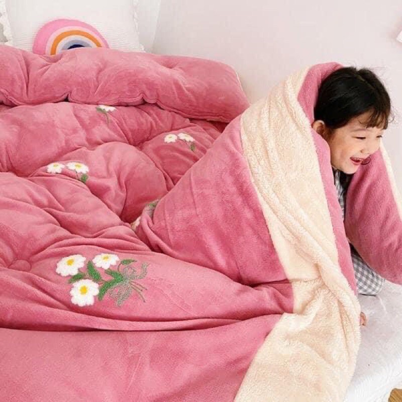 [hình thật] Chăn lông thỏ hoa cúc thêu len 4,5kg, 2mx2m3 siêu dày đắp mùa đông đại hàn cực ấm (tặng túi đựng siêu sang)