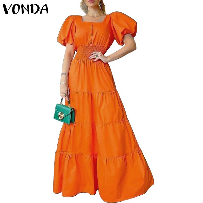 Đầm dáng dài VONDA cổ vuông tay ngắn thiết kế xếp ly có nút gài thời trang thanh lịch cho nữ