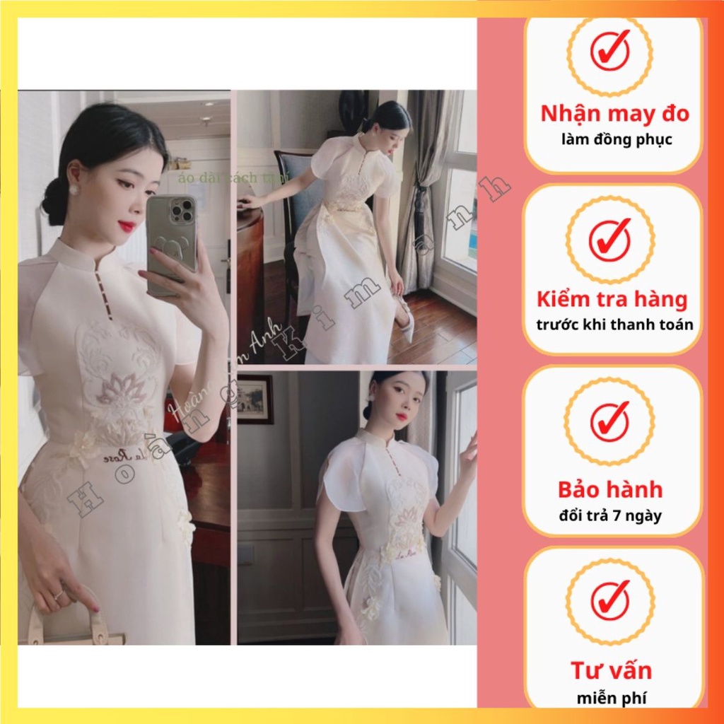 Áo dài cách tân nữ tay bồng 4 tà may sẵn thêu hoa thiết kế cao cấp