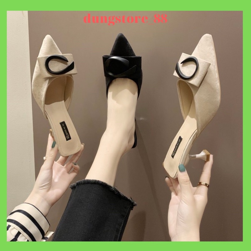 Giày cao gót nữ 5cm gót nhọn chất nỉ hai màu đen kem