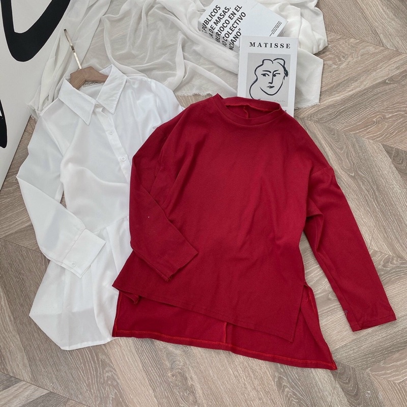 SET ĐẦM SƠ MI XẾP LI TAY DÀI + ÁO SWEATER ĐỎ XẺ TÀ