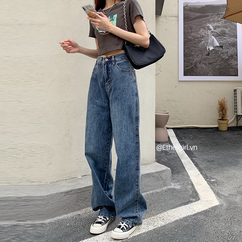 Quần jeans eo cao ống rộng thời trang Hàn Quốc trẻ trung cá tính