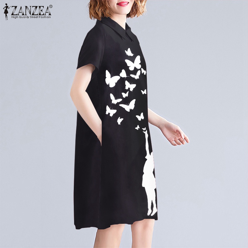 Đầm ZANZEA midi tay ngắn cổ búp bê in họa tiết bướm phong cách đường phố thời trang cho nữ