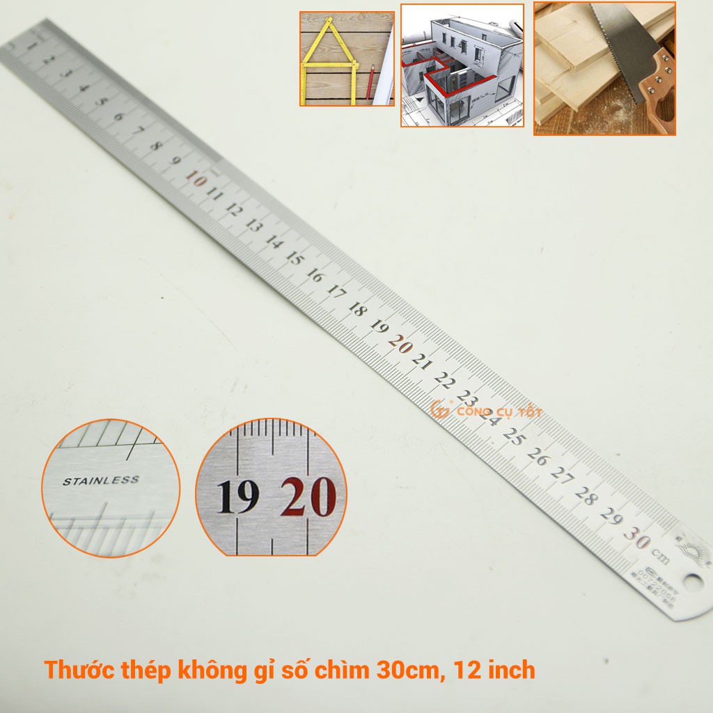 THƯỚC THÉP KHÔNG GỈ KHẮC CHỮ CHÌM 30CM, 12 INCH