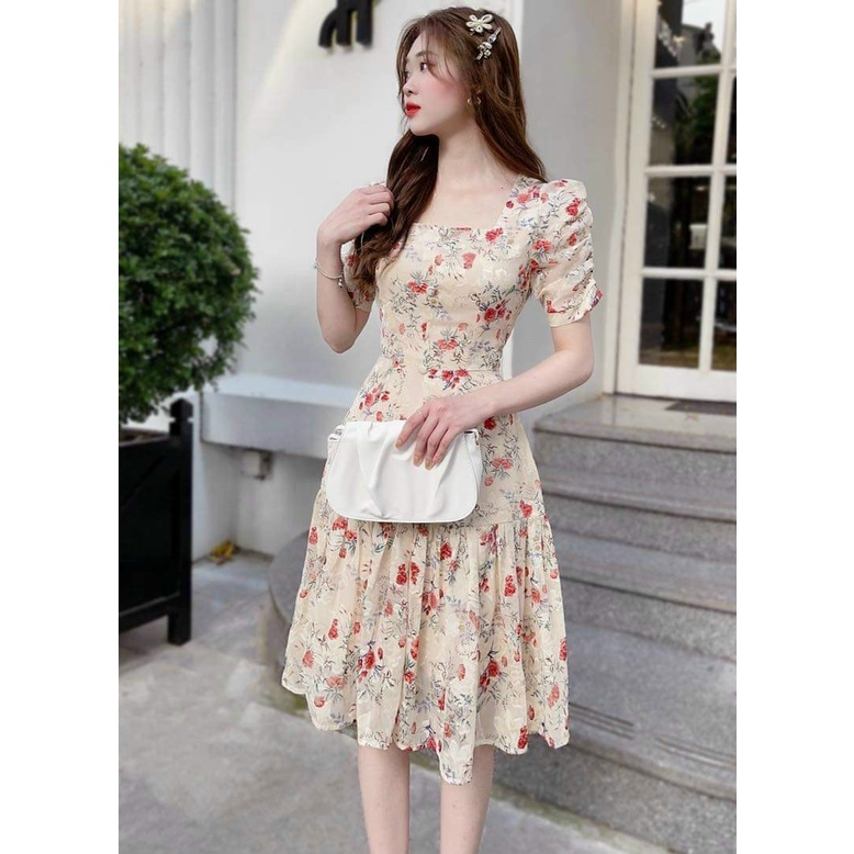 Đầm Hoa Tay Phồng Đính Nút (có Mút)