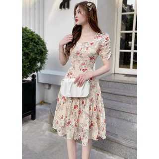 Đầm Hoa Tay Phồng Đính Nút (có Mút)