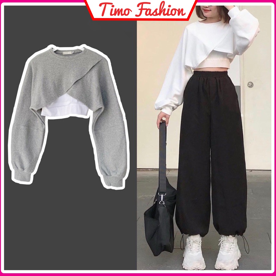 Áo croptop tay dài form rộng, áo kiểu nữ croptop tay phồng co giãn tặng kèm bra Ulzzang, phong cách Hàn Quốc, AO011 | BigBuy360 - bigbuy360.vn