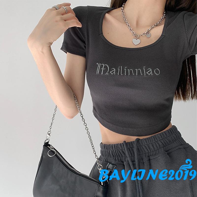 Áo croptop dệt kim tay ngắn cổ vuông thêu chữ thời trang mùa hè năng động cho nữ