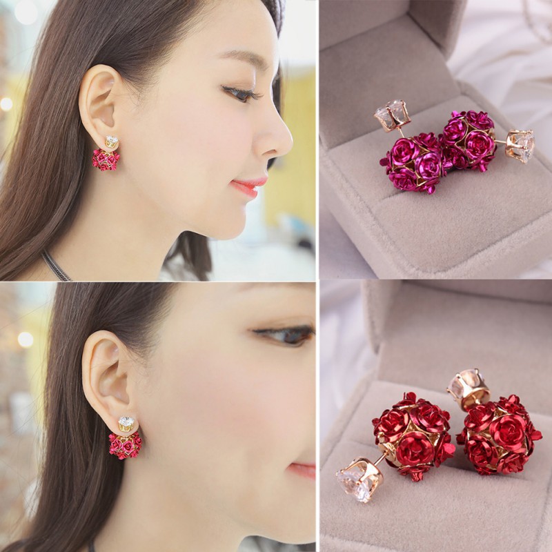 Khuyên tai hoa hồng 2 mặt thanh lịch cho nữ